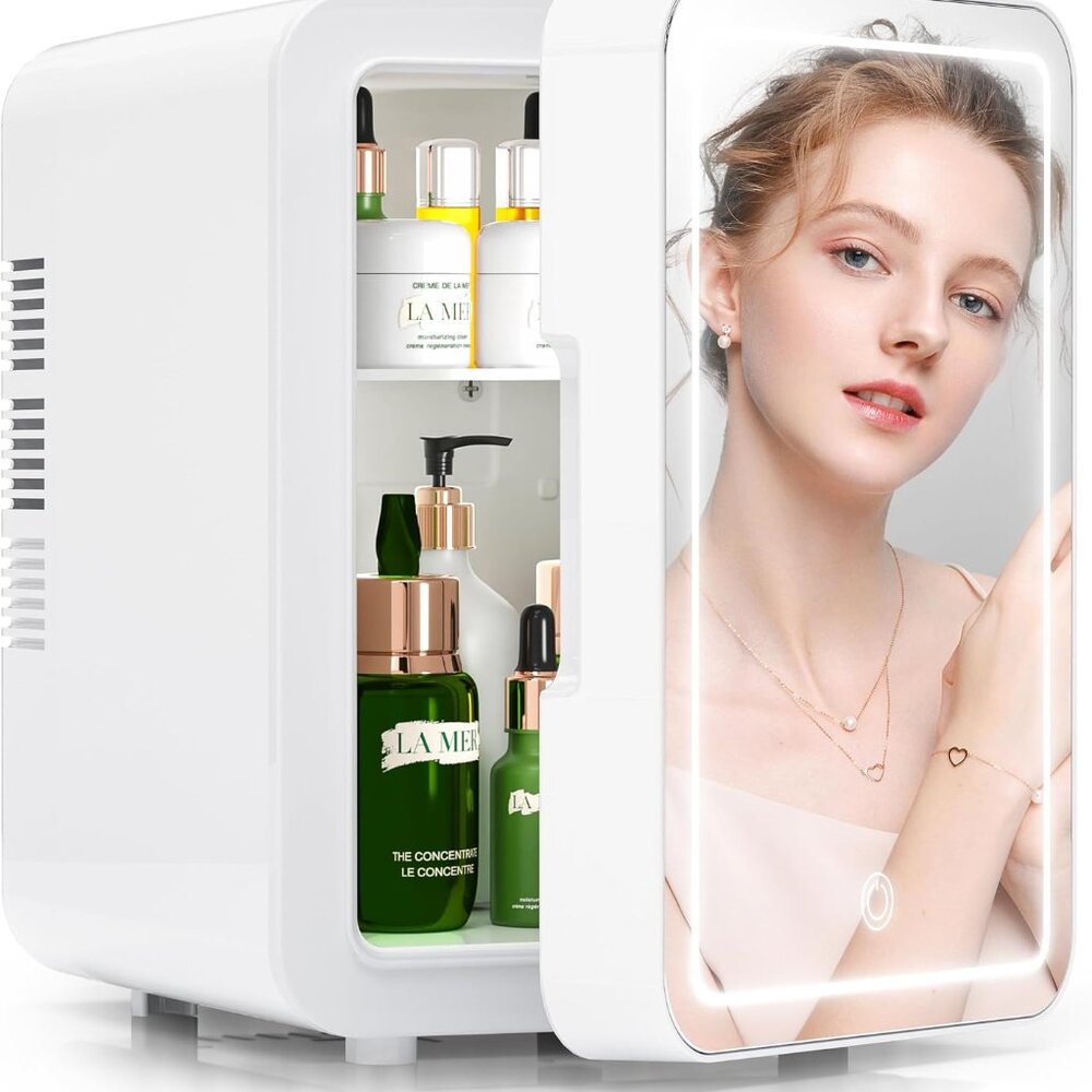Mini Skincare Fridge 4 Liter/6 Can with Dimmable LED Light Mirror, Cooler and Wa